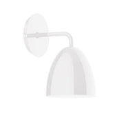 White LED wall sconce with curved arm and domed shade