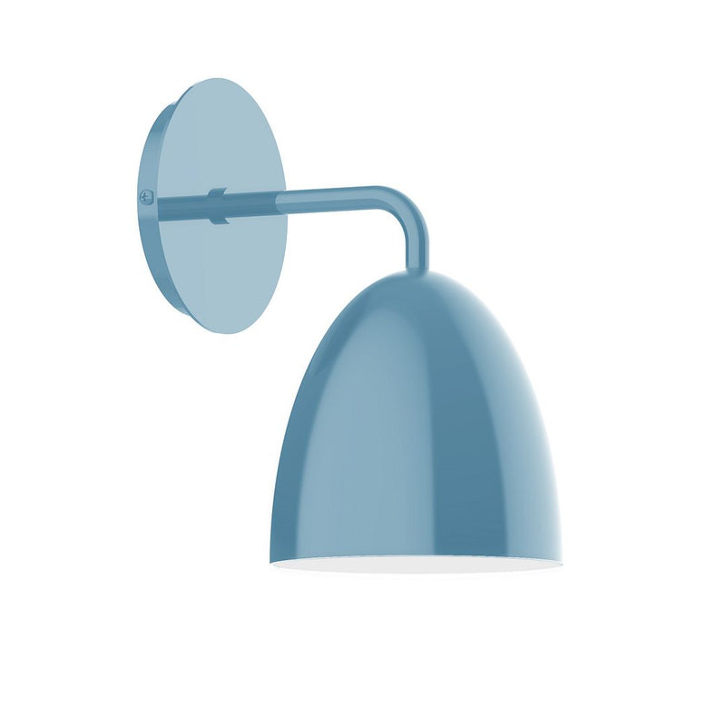 Light blue LED wall sconce with round backplate and dome shade on curved arm