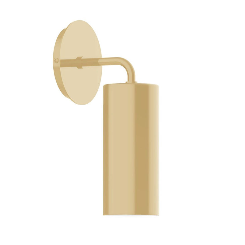Ivory wall sconce with round backplate and cylindrical body, curved arm