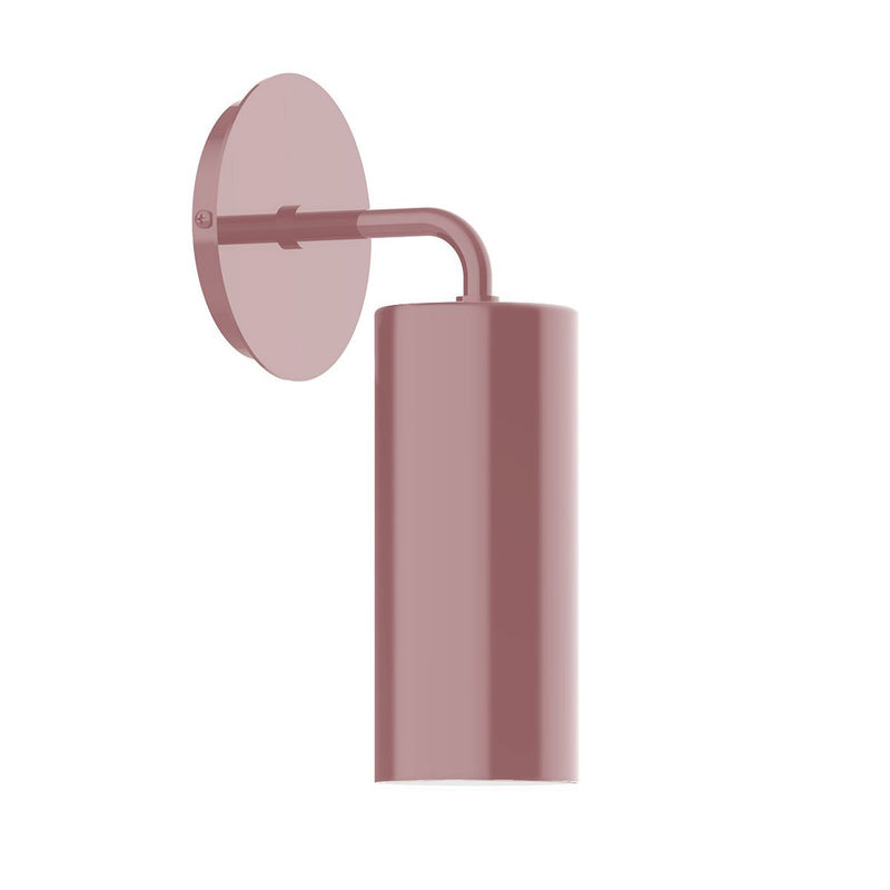Mauve LED wall sconce with round wall plate and cylindrical light housing
