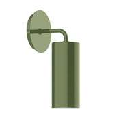 Fern green wall sconce with round backplate and cylindrical shade, curved arm
