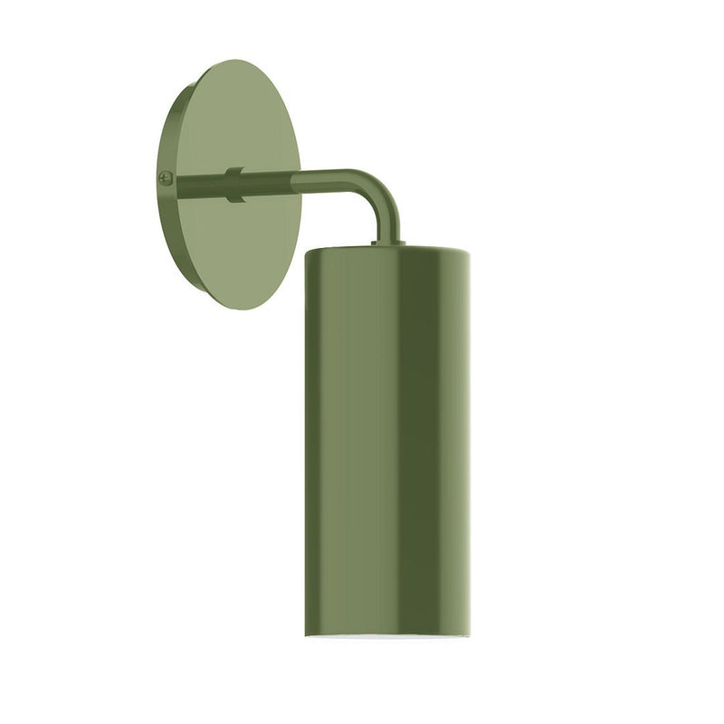 Fern green wall sconce with round backplate and cylindrical shade, curved arm
