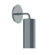 Slate gray wall sconce with round backplate and curved arm, cylindrical shade
