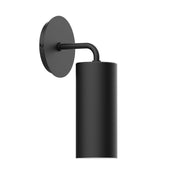 Black LED wall sconce with round backplate and cylindrical downlight shade