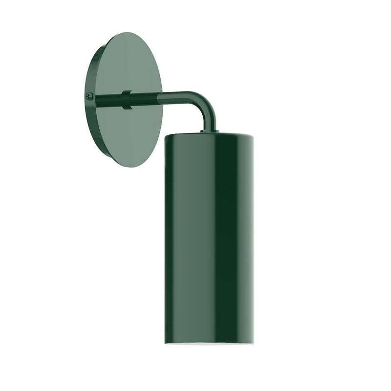 Forest green LED wall sconce with round backplate and cylindrical shade, angled arm