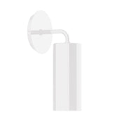 White LED wall sconce with round backplate and curved arm, slim cylindrical body