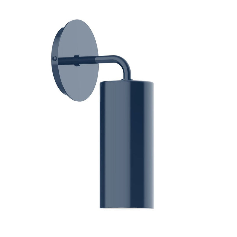 Navy LED wall sconce with cylindrical shade and round backplate, curved arm