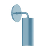 Light blue LED wall sconce with round backplate and cylindrical shade on curved arm