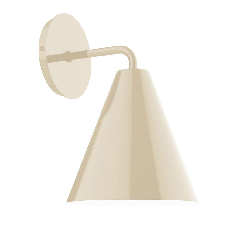 Cream wall sconce with round backplate, curved arm, and cone shade