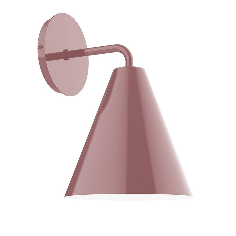 Mauve LED wall sconce with round backplate and cone shade, angled arm.