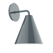 Slate gray LED wall sconce with round backplate and curved arm, flared cone shade