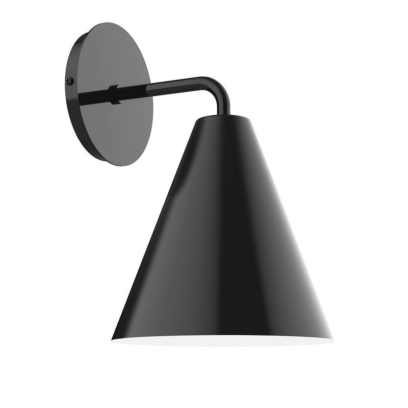 Black wall sconce with round backplate and cone shade, adjustable angled arm