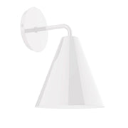 White wall sconce with curved arm and conical shade, smooth off-white finish