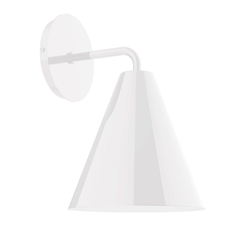 White wall sconce with curved arm and conical shade, smooth off-white finish