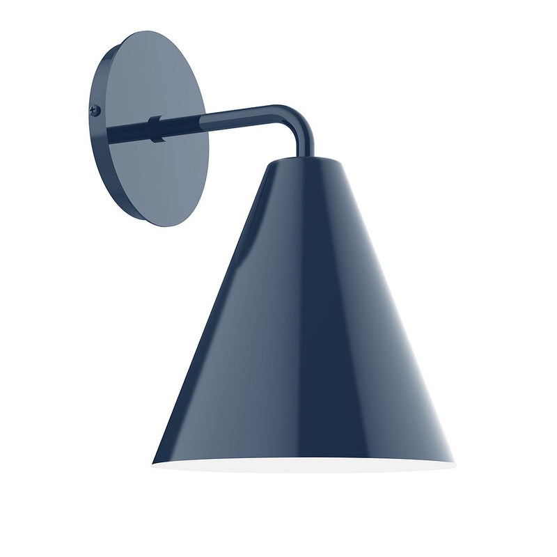 Navy cone-shade wall sconce with round backplate and curved metal arm