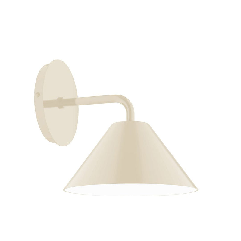 Cream LED wall sconce with round backplate, curved arm, and fabric cone shade