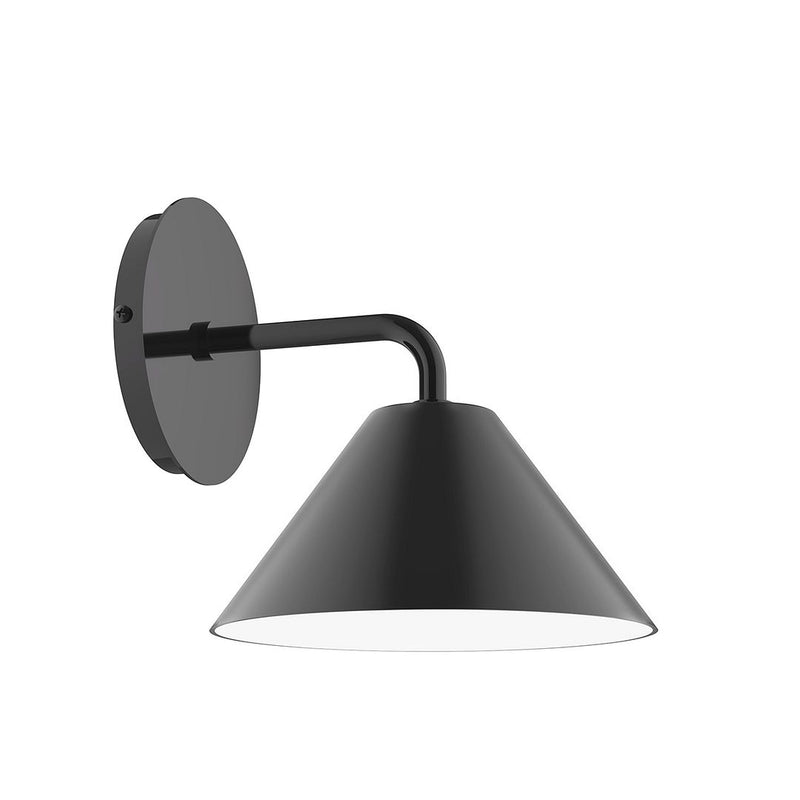 Black wall sconce with round backplate and tapered metal shade on a curved arm