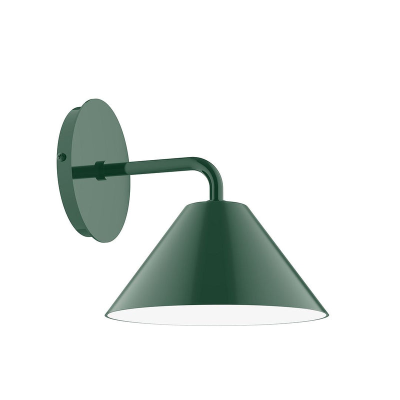 Forest green LED wall sconce with round backplate and cone shade