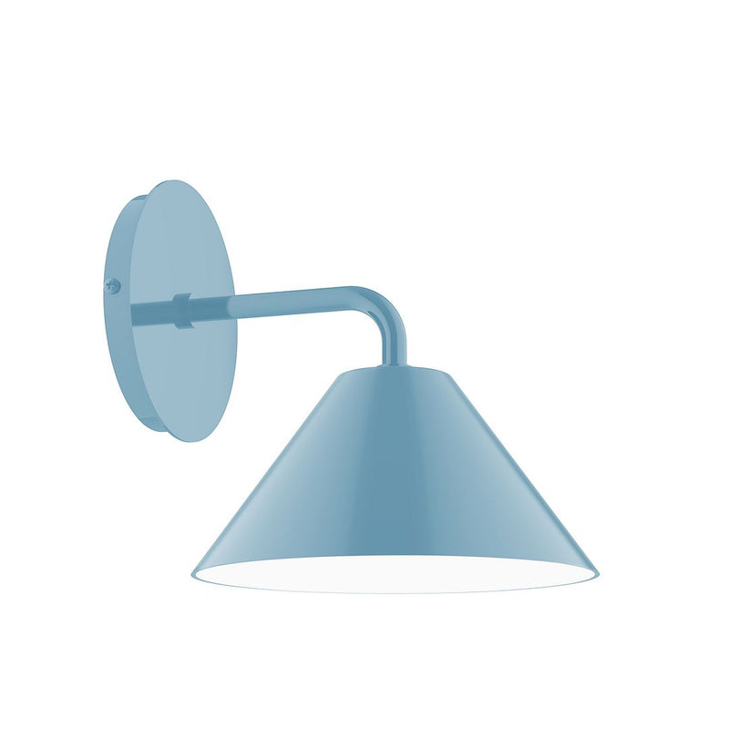 Light blue wall sconce with dome shade, curved arm, and round back plate.