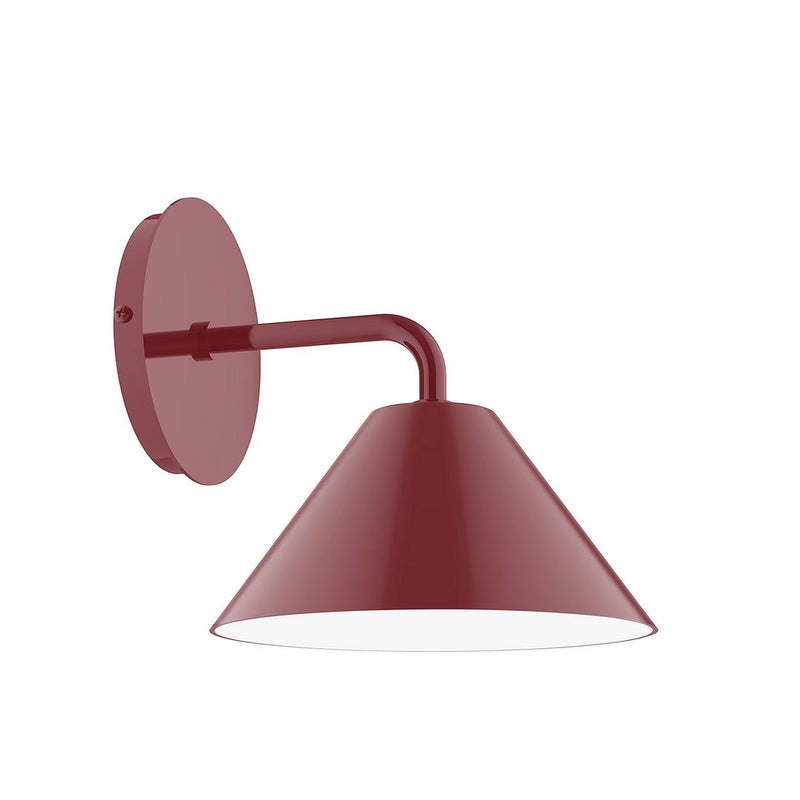 Barn red LED wall sconce with round backplate and curved arm, bell-shaped shade
