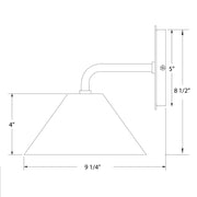Wall sconce diagram with bell shade and curved arm; 9 1/4" wide, 8 1/2" high