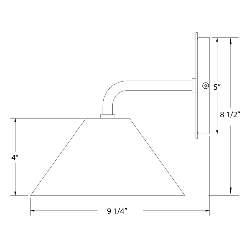 Wall sconce diagram with bell shade and curved arm; 9 1/4" wide, 8 1/2" high