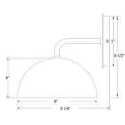 Terracotta wall sconce line art: 8 in wide dome, 8 1/2 in high, 5 in deep