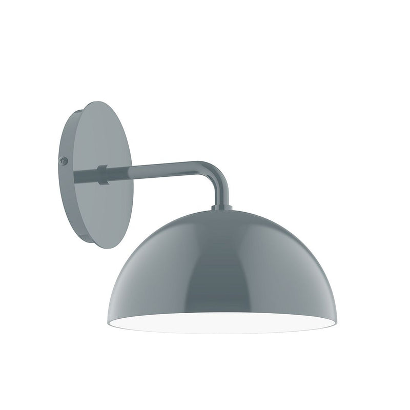 Slate gray wall sconce with dome shade, curved arm, and round back plate