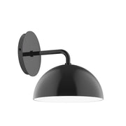 Black LED wall sconce with round backplate, curved arm, and dome shade