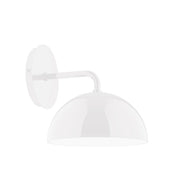 White wall sconce with round dome shade and curved arm mount