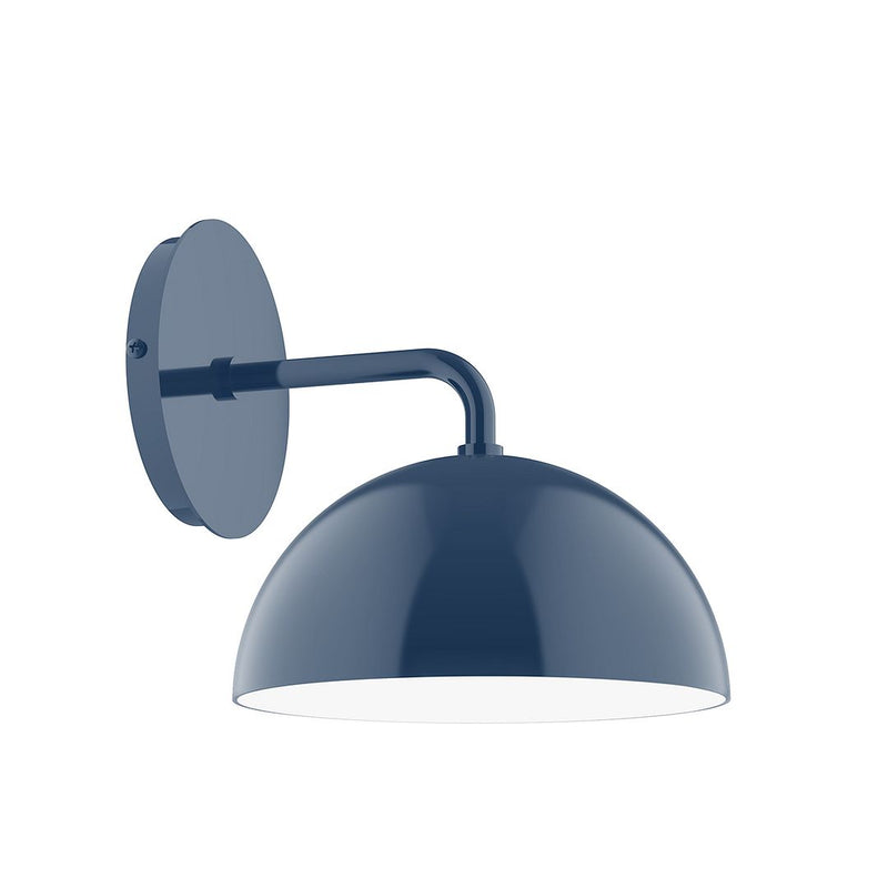 Navy wall sconce with dome shade and curved arm