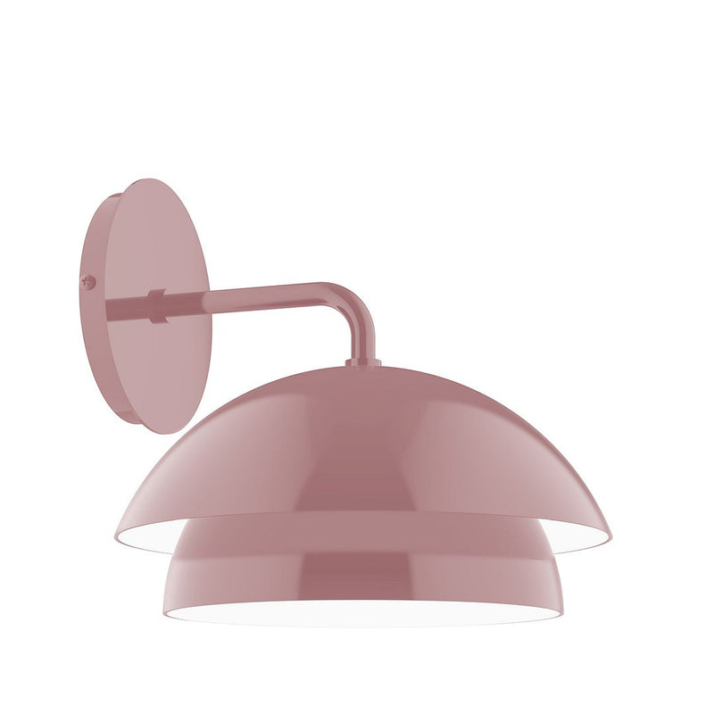 Mauve wall sconce with round backplate and domed shade, curved arm