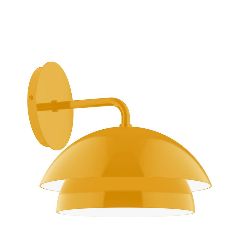 Bright yellow wall sconce with curved arm and dome shade