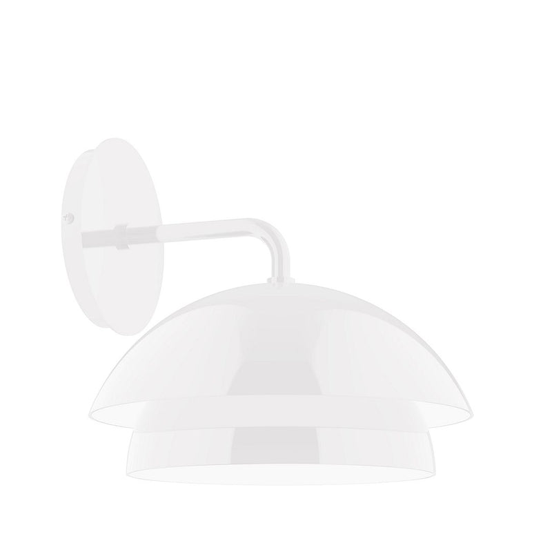 White wall sconce with dome shade and curved metal arm, multi-tier lighting cover