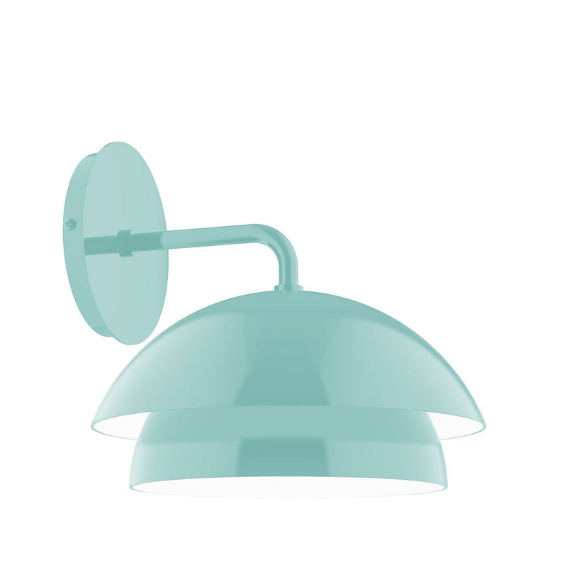 Sea green wall sconce with dome shade and curved arm, 10 in fixture