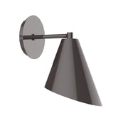 Architectural bronze wall sconce with round backplate and dark cone shade