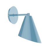 Light blue LED wall sconce with round backplate and angled cone shade