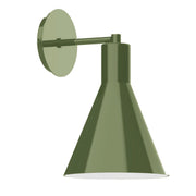 Fern green wall sconce with round backplate and conical shade on a slim arm