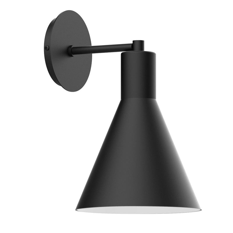 Black wall sconce with round backplate, extended arm, and conical shade