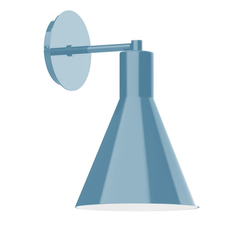 Light blue wall sconce with round backplate and bell-shaped metal shade