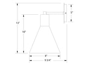 Light blue LED wall sconce line drawing with 13" height, 8" width, 5" depth