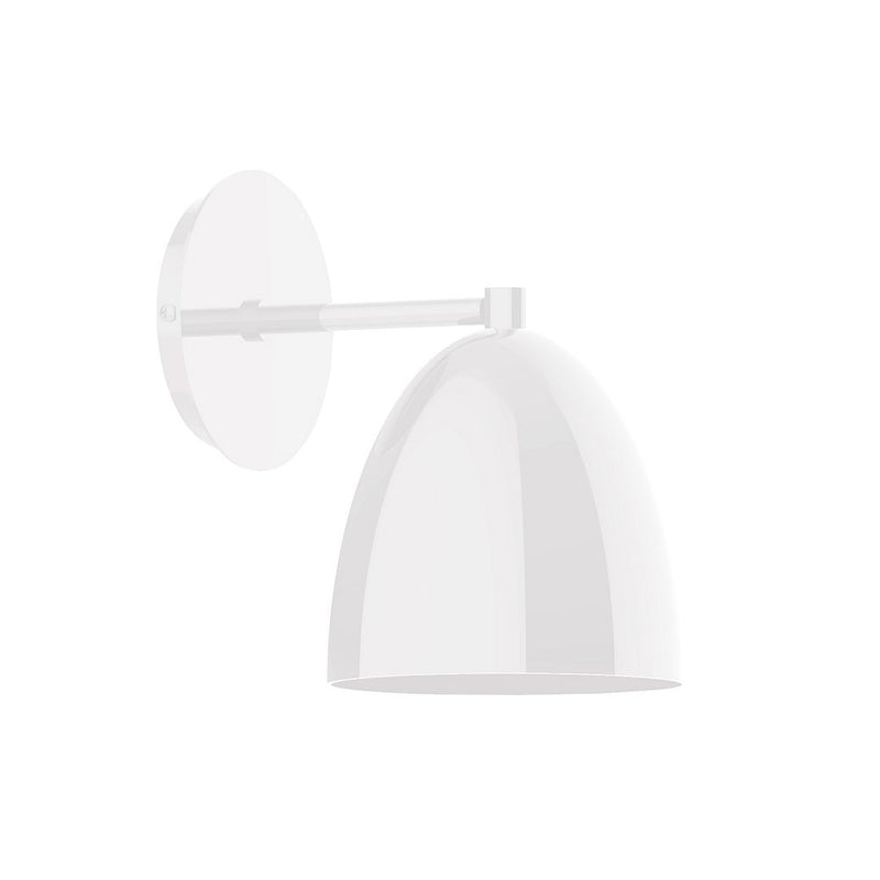 White wall sconce with dome shade and round back plate, adjustable arm.