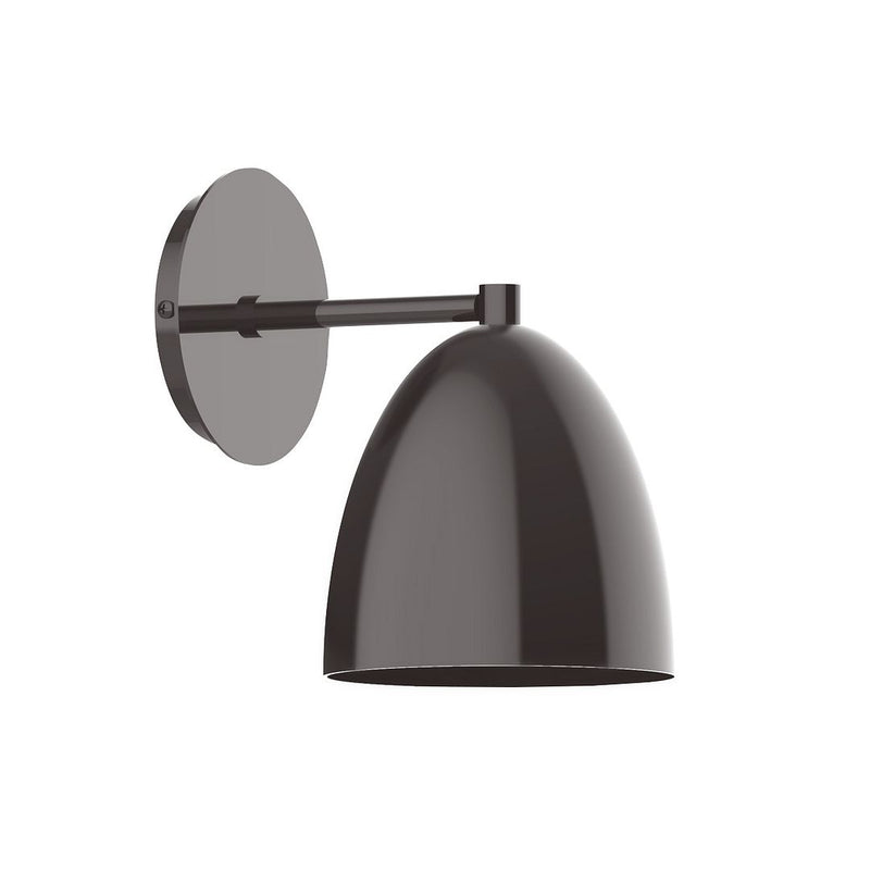 LED wall sconce with dark domed shade and horizontal arm, architectural bronze finish