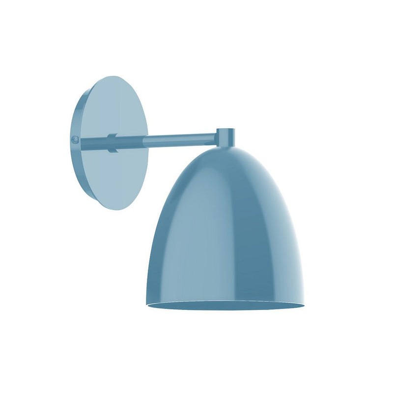 Light blue wall sconce with round backplate and dome shade on a short arm