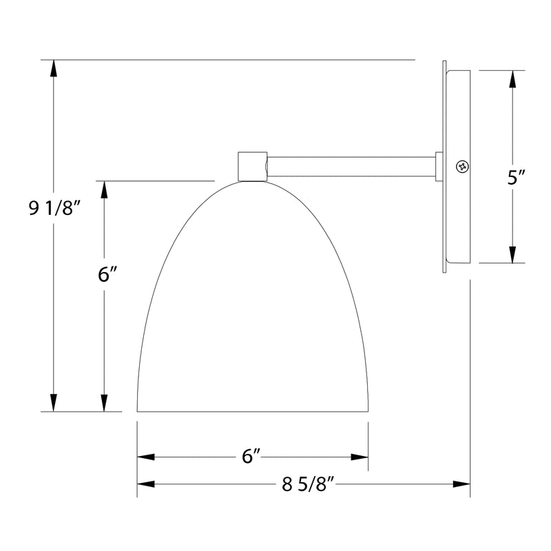 LED wall sconce diagram, 6 in height, 8 5/8 in width; 5 in projection