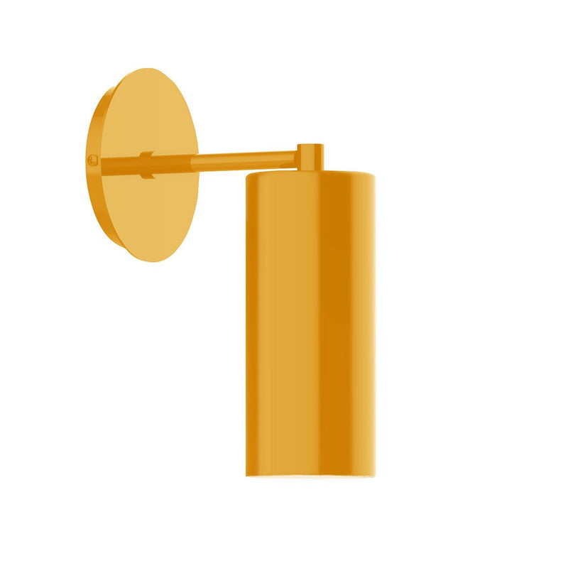 Bright yellow wall sconce with round backplate and cylindrical shade