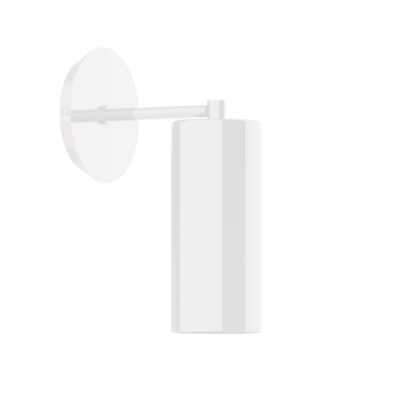 White wall sconce with round backplate and slim cylindrical shade
