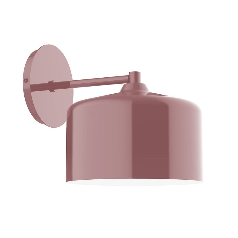 Mauve LED wall sconce with round wall plate and fabric-like shade