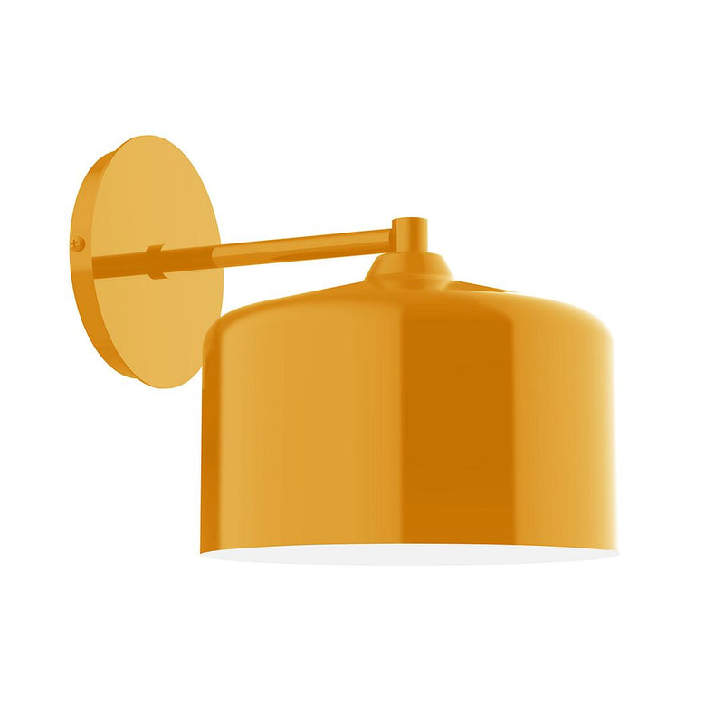 Bright yellow wall sconce with round backplate and angled dome shade