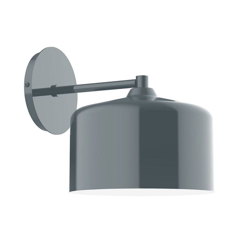 Slate gray wall sconce with cylindrical shade and angled arm, 8.5-inch profile